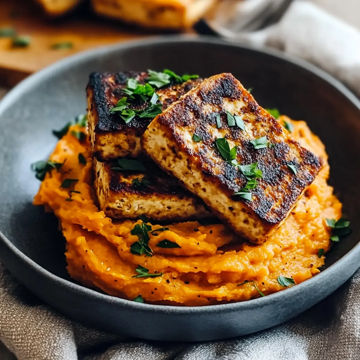 Tofu Steak with Mashed Sweet Potato