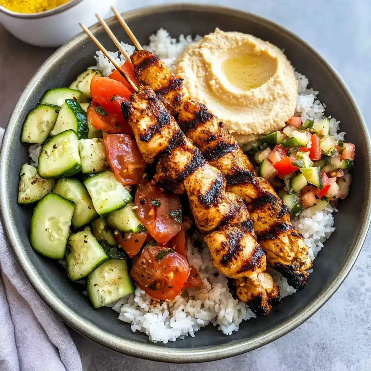 Mediterranean Rice Bowl with Grilled Chicken Tawook Skewers