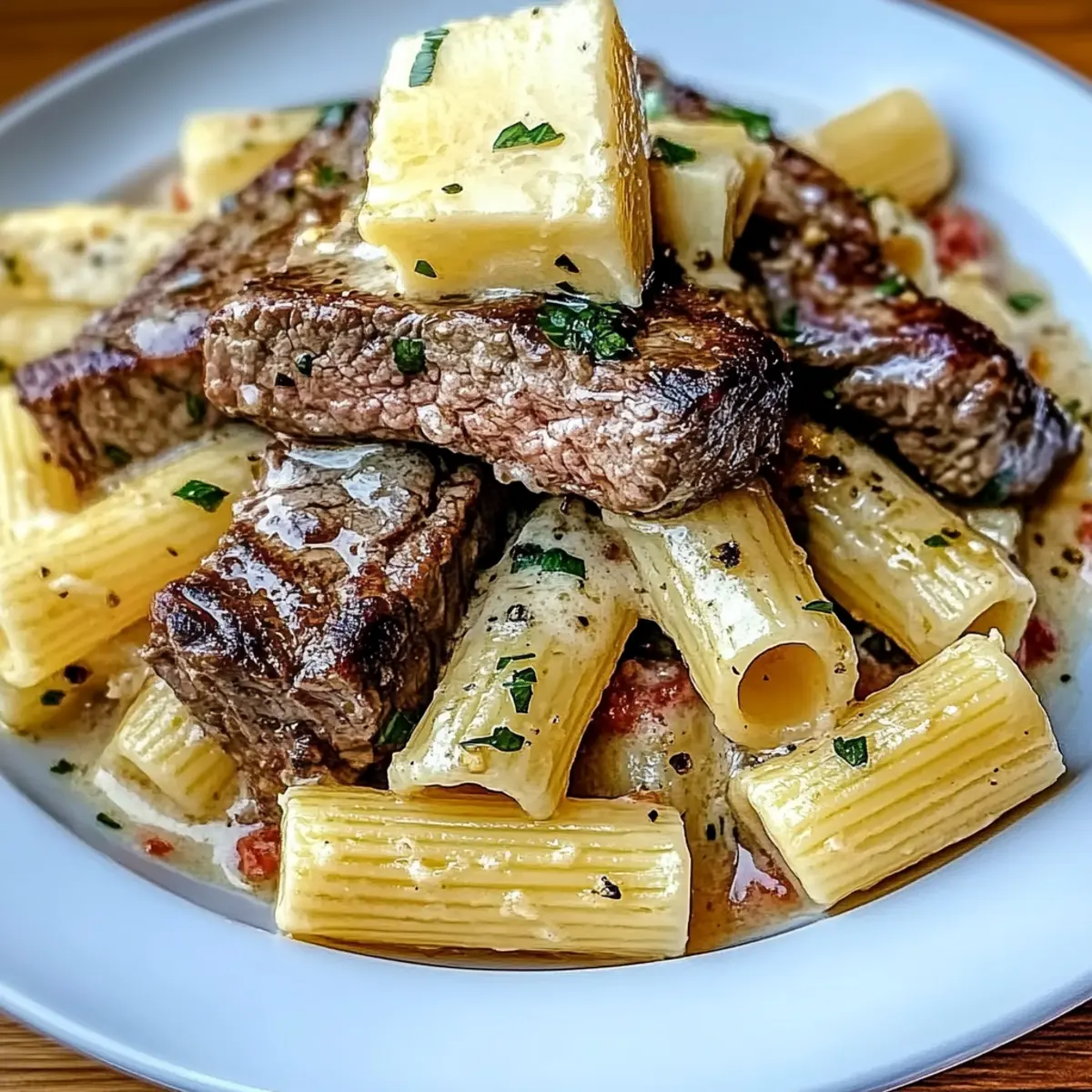Garlic Butter Steak Tips with Cheesy Rigatoni