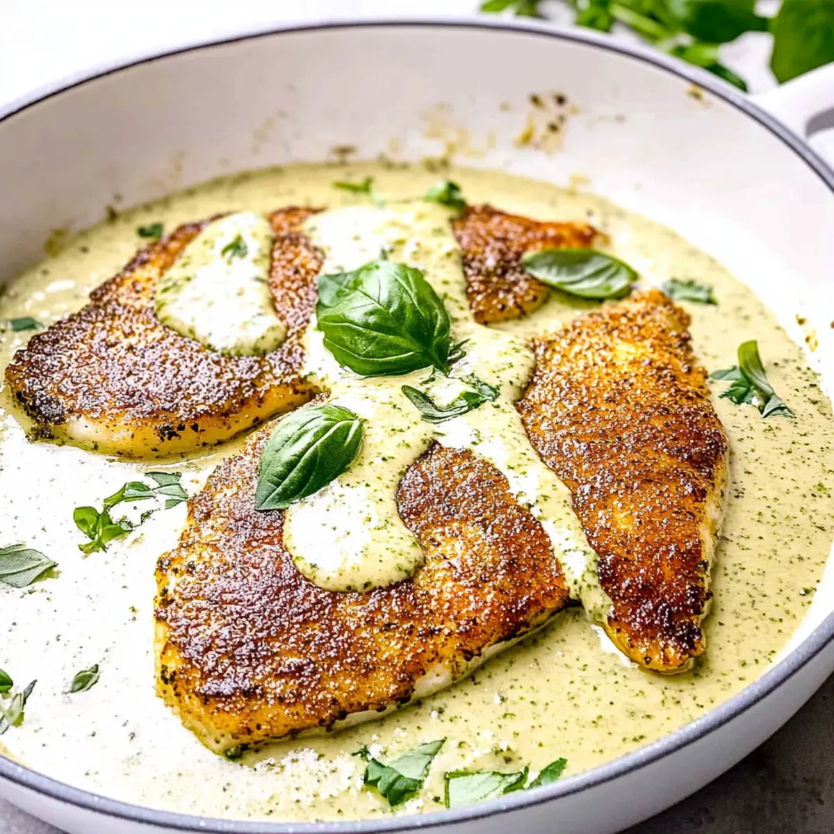 Pan fried tilapia bathed in pesto cream sauce
