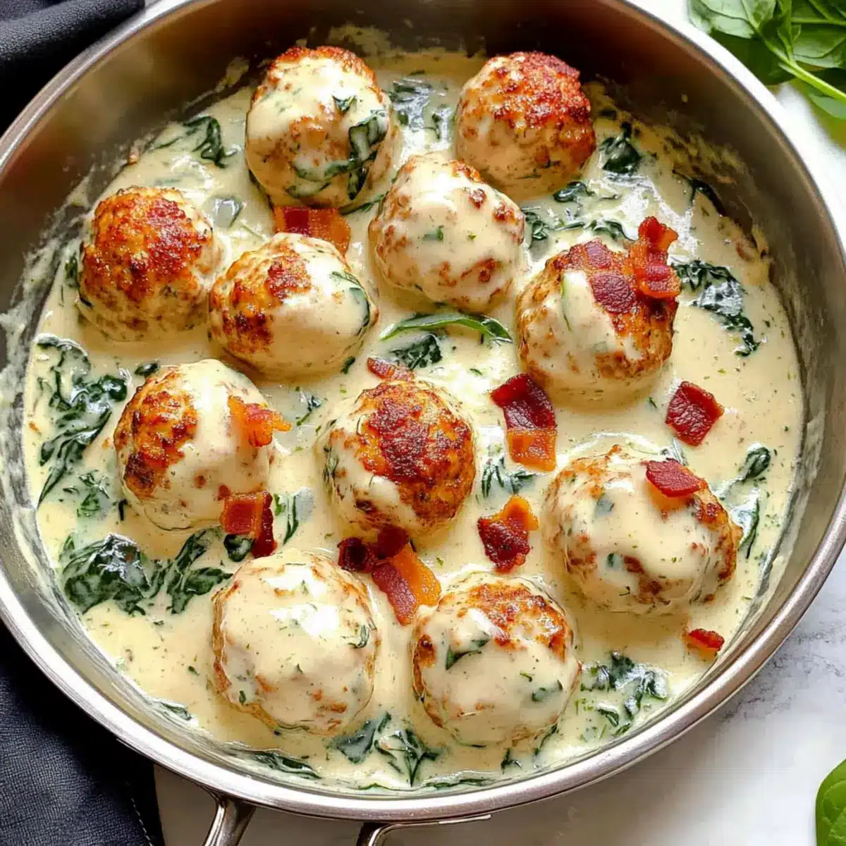 Baked Chicken Ricotta Meatballs with Spinach Alfredo Sauce