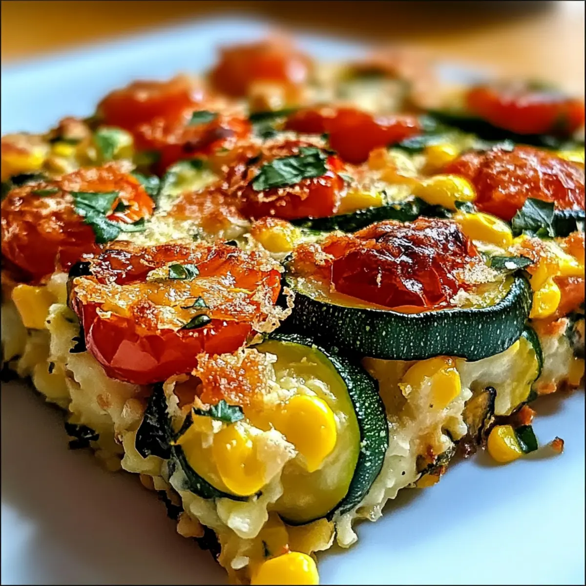 Cheesy Zucchini Corn Tomato Bake with Parmesan Crust