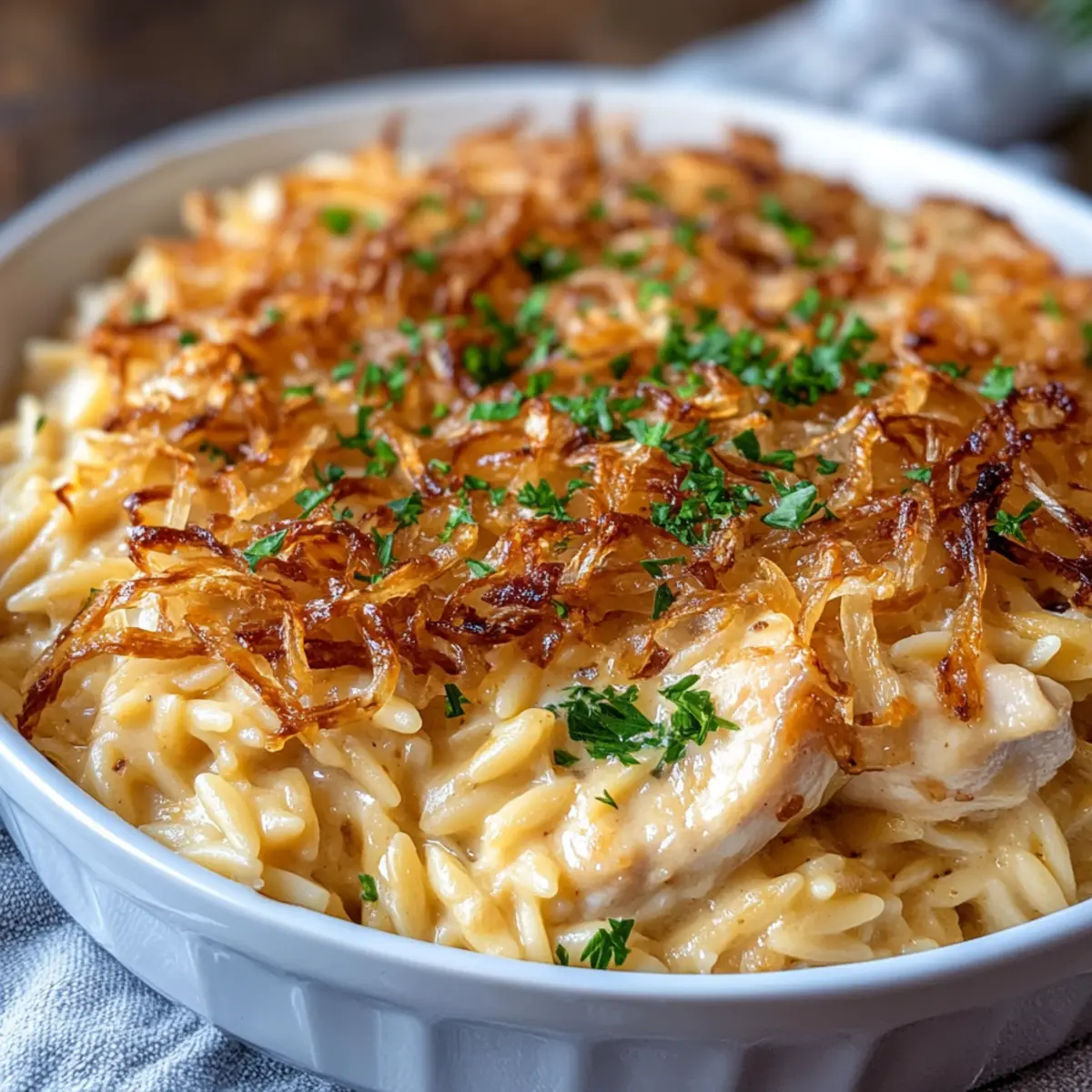 French Onion Chicken Orzo Casserole