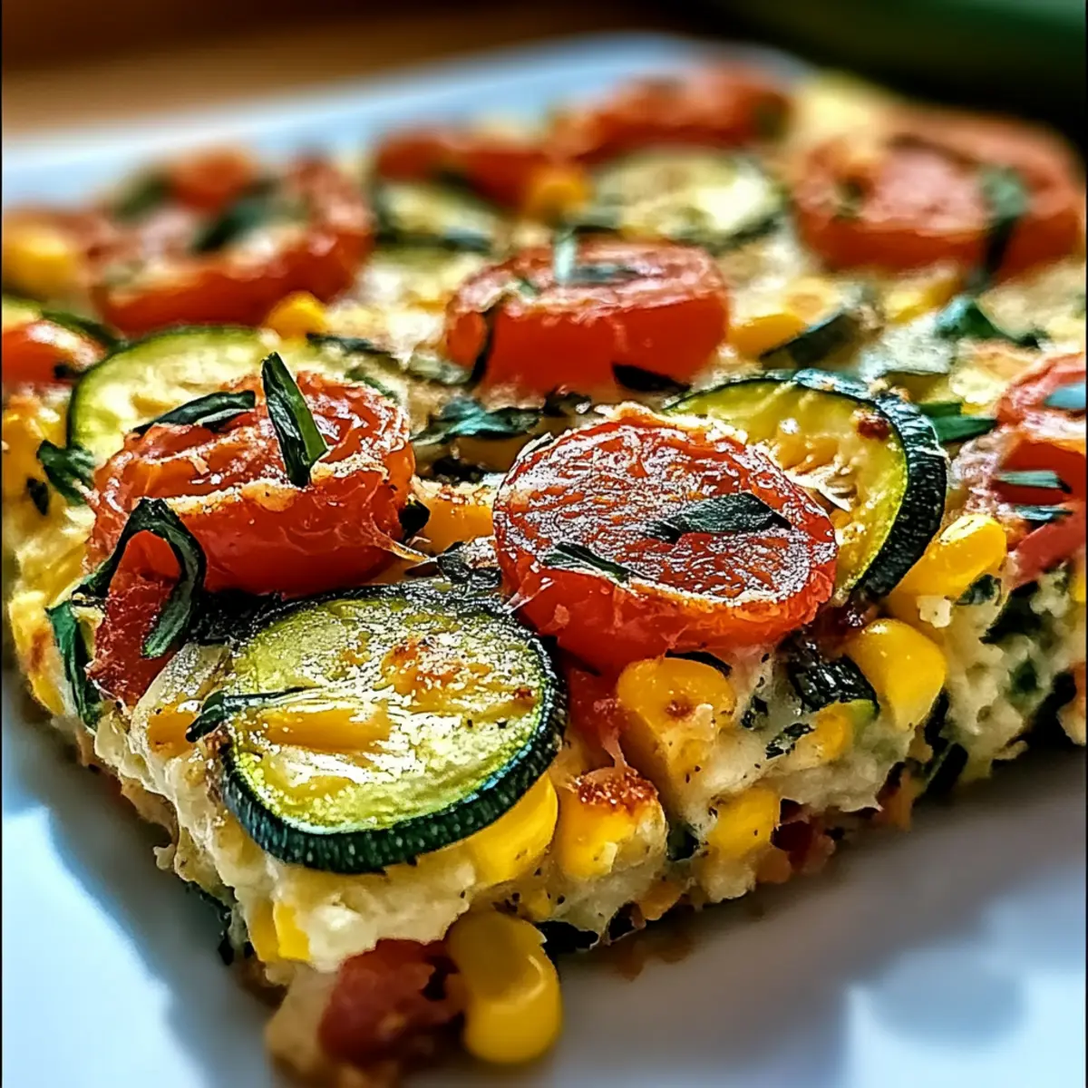 Cheesy Zucchini Corn Tomato Bake with Parmesan Crust