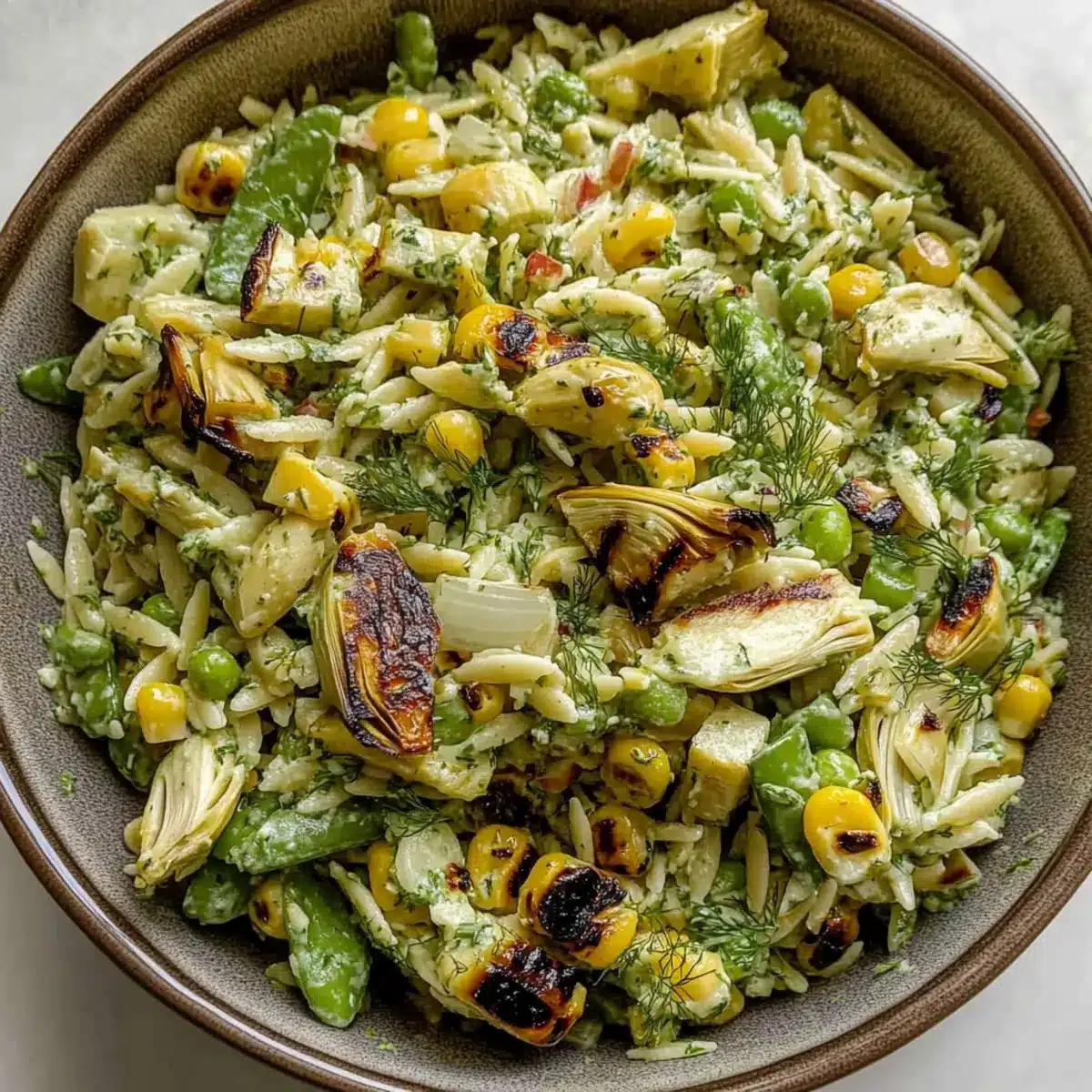 Grilled Corn Orzo Salad with Scallion Dill Dressing